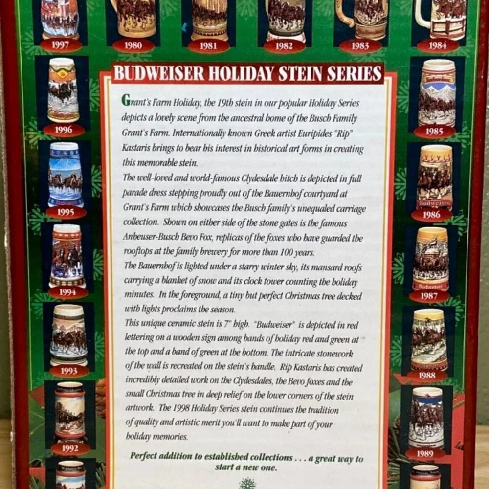 Budweiser Holiday Stein Grant’s Farm 1998 Holiday‎ Anheuser-Busch Mint Brazil